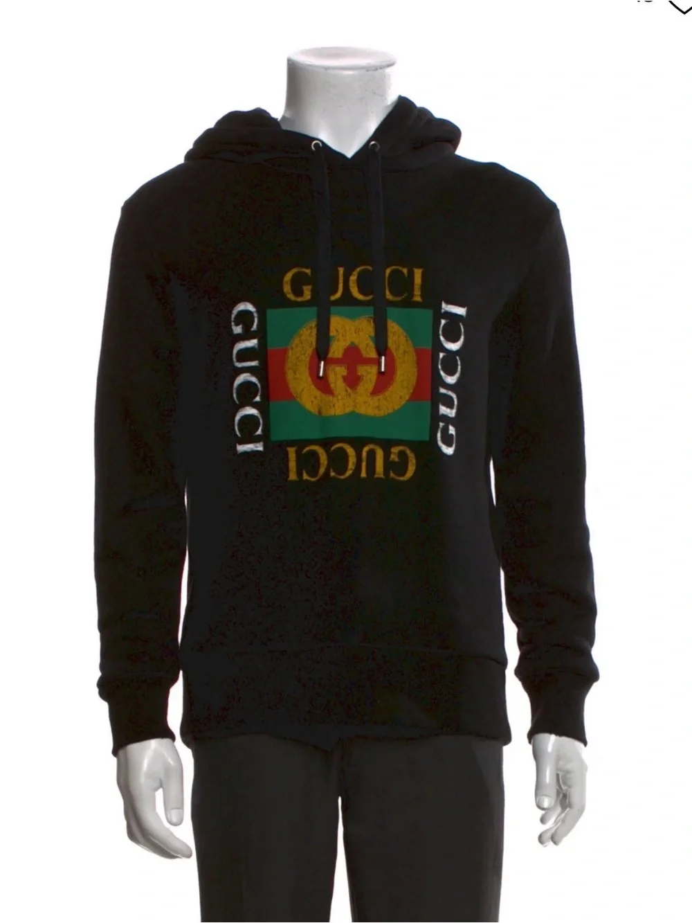 Gucci Black Hoodie with Green & Red Logo Print (Size Small)